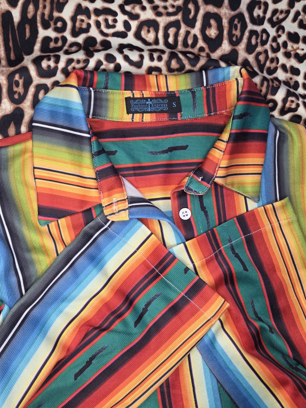 Fashion Express Colorful Striped Button-Up Duster With Leopard Print Size Small